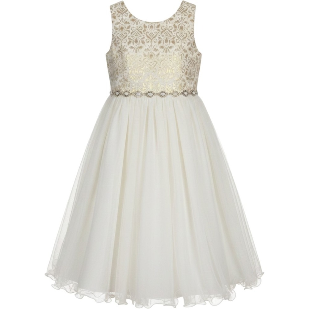 Couture Princess Dress Girls 12 Ivory Gold Damask Tulle Jeweled Waist Formal
